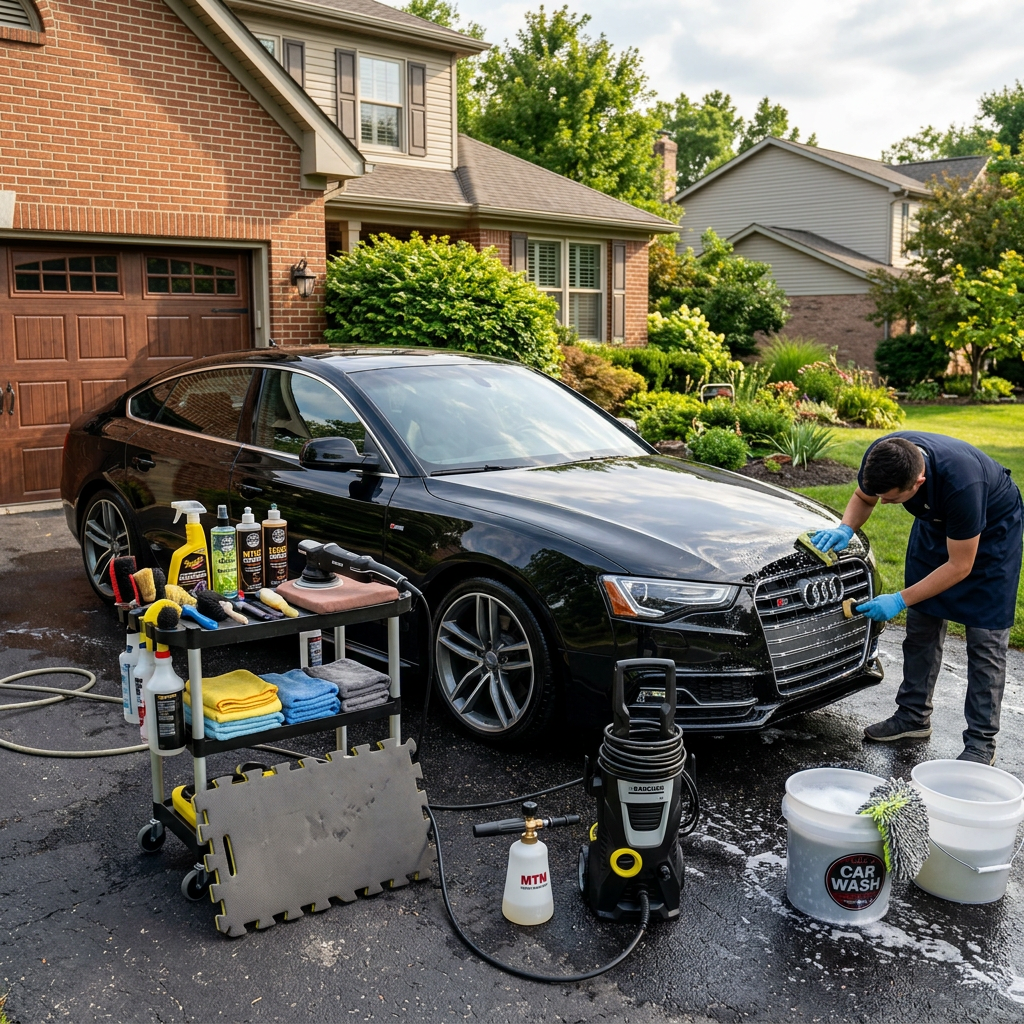 Person washing black Audi sedan in driveway with cleaning supplies and equipment