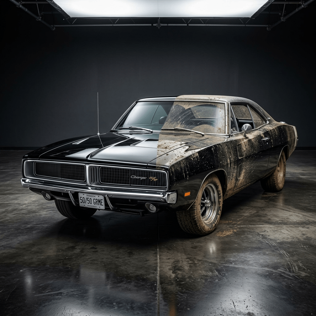 Classic Dodge Charger car, half clean and polished, half covered in dirt and mud