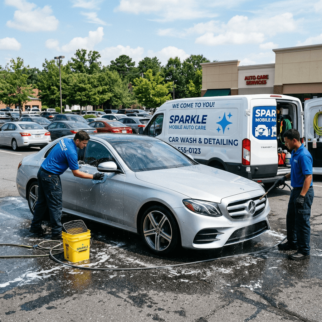 Two men washing a silver Mercedes sedan with soap and water in a parking lot next to a mobile auto care van