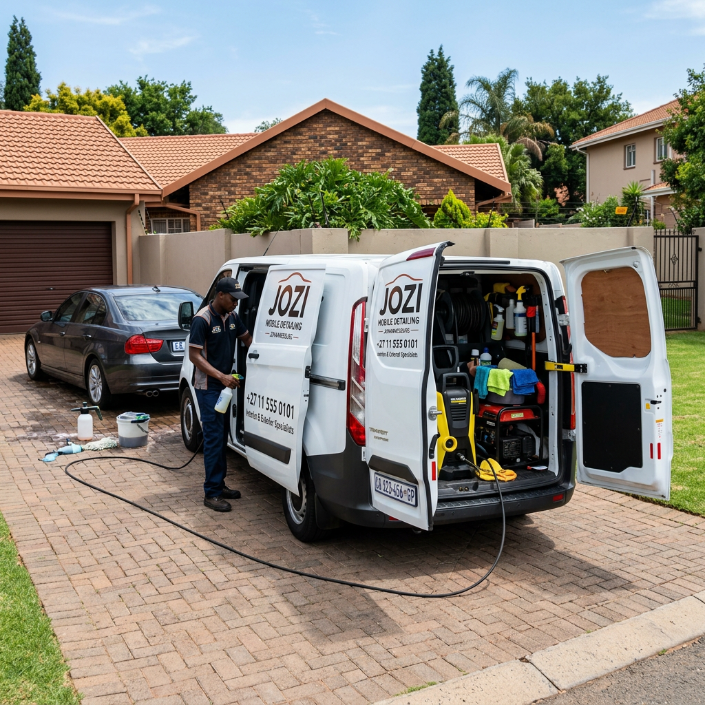 Man preparing car cleaning supplies next to mobile detailing van with open doors