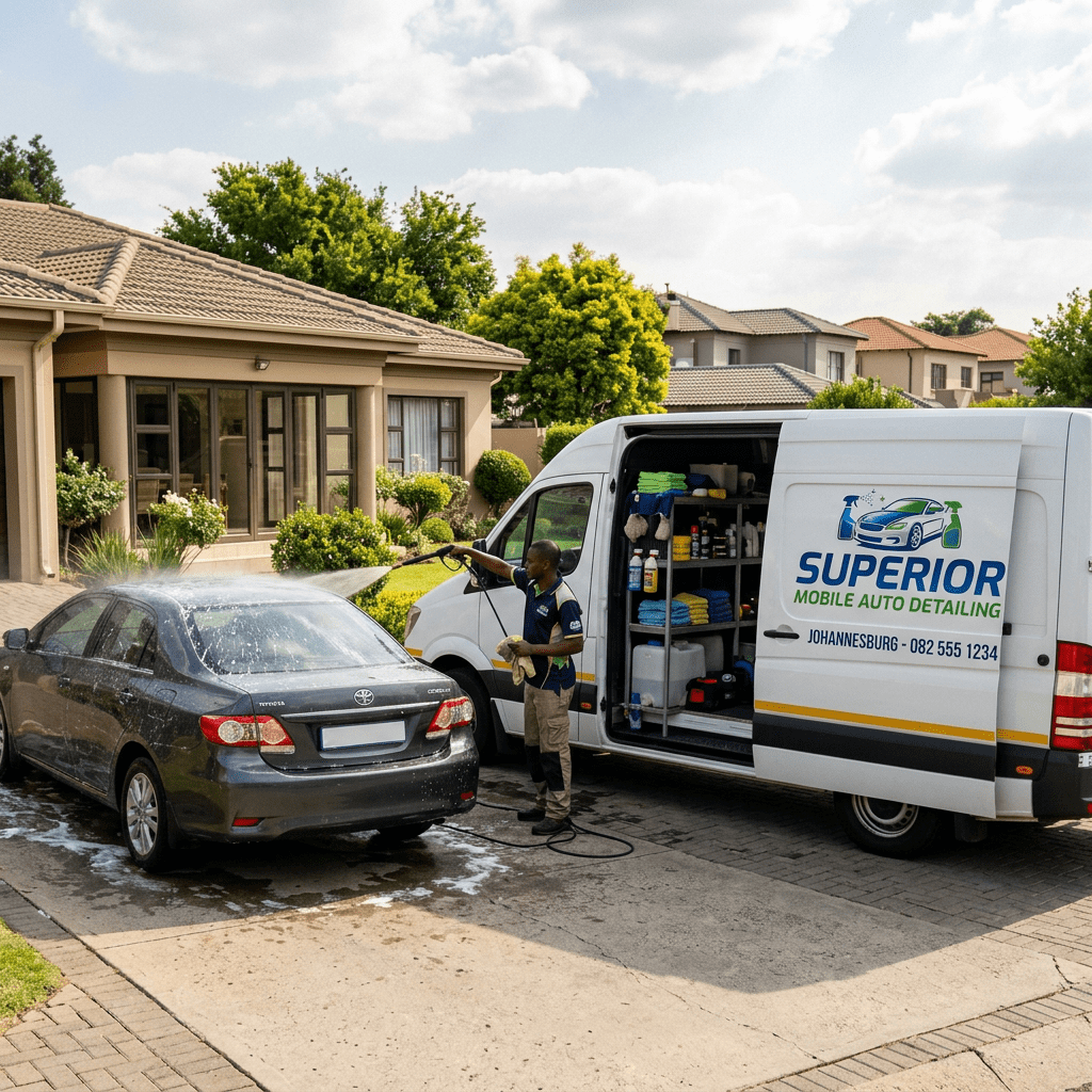 Technician washing a dark sedan with a spray hose beside a mobile auto detailing van