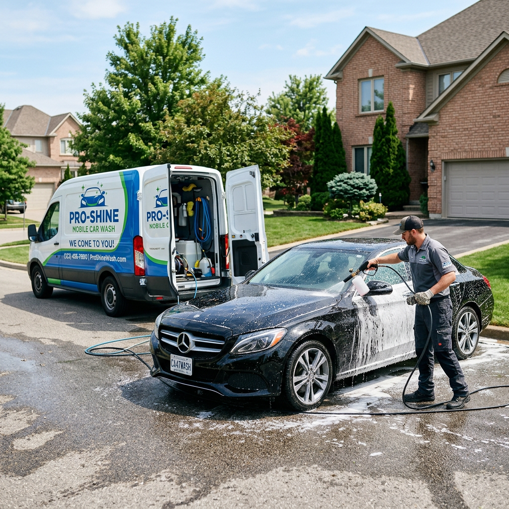 Worker washing black Mercedes sedan with foam in front of mobile car wash van in residential area